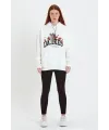 Kadın Oversize Kapüşonlu Cepli Baskılı 3 İplik Pamuklu Hoodie Sweatshirt - Beyaz