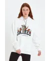Kadın Oversize Kapüşonlu Cepli Baskılı 3 İplik Pamuklu Hoodie Sweatshirt - Beyaz