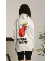 Kadın Oversize Kapüşonlu Cepli Baskılı 3 İplik Pamuklu Hoodie Sweatshirt - Beyaz