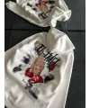 Kadın Oversize Kapüşonlu Cepli Baskılı 3 İplik Pamuklu Hoodie Sweatshirt - Beyaz