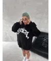 Kadın Oversize Kapüşonlu Cepli Baskılı 3 İplik Pamuklu Hoodie Sweatshirt - Siyah