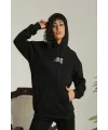 Kadın Oversize Kapüşonlu Cepli Baskılı 3 İplik Pamuklu Hoodie Sweatshirt - Siyah