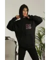 Kadın Oversize Kapüşonlu Cepli Baskılı 3 İplik Pamuklu Hoodie Sweatshirt - Siyah