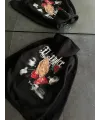 Kadın Oversize Kapüşonlu Cepli Baskılı 3 İplik Pamuklu Hoodie Sweatshirt - Siyah