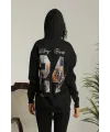 Kadın Oversize Kapüşonlu Cepli Baskılı 3 İplik Pamuklu Hoodie Sweatshirt - Siyah