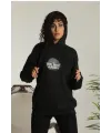 Kadın Oversize Kapüşonlu Cepli Baskılı 3 İplik Pamuklu Hoodie Sweatshirt - Siyah