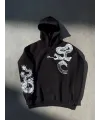 Kadın Oversize Kapüşonlu Cepli Baskılı 3 İplik Pamuklu Hoodie Sweatshirt - Siyah