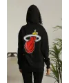 Kadın Oversize Kapüşonlu Cepli Baskılı 3 İplik Pamuklu Hoodie Sweatshirt - Siyah