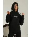 Kadın Oversize Kapüşonlu Cepli Baskılı 3 İplik Pamuklu Hoodie Sweatshirt -  Siyah