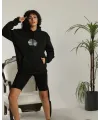Kadın Oversize Kapüşonlu Cepli Baskılı 3 İplik Pamuklu Hoodie Sweatshirt - Siyah