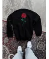 Kadın Oversize Kapüşonlu Cepli GÜL Baskılı 3 İplik Pamuklu Hoodie Sweatshirt - Siyah
