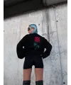 Kadın Oversize Kapüşonlu Cepli GÜL Baskılı 3 İplik Pamuklu Hoodie Sweatshirt - Siyah