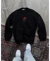 Kadın Oversize Kapüşonlu Cepli GÜL Baskılı 3 İplik Pamuklu Hoodie Sweatshirt - Siyah