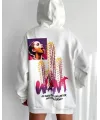 Kadın Oversize Kapüşonlu Cepli WANT Baskılı 3 İplik Pamuklu Hoodie Sweatshirt - Beyaz