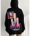 Kadın Oversize Kapüşonlu Cepli WANT Baskılı 3 İplik Pamuklu Hoodie Sweatshirt - Siyah
