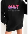 Kadın Oversize Kapüşonlu Cepli WANT Baskılı 3 İplik Pamuklu Hoodie Sweatshirt - Siyah