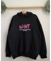 Kadın Oversize Kapüşonlu Cepli WANT Baskılı 3 İplik Pamuklu Hoodie Sweatshirt - Siyah