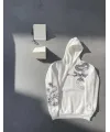 Kadın Oversize Kapüşonlu Kanguru Cepli Baskılı 3 İplik Pamuklu Sweatshirt Hoodie -   Beyaz