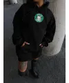 Kadın Oversize Kapüşonlu Kanguru Cepli Baskılı 3 İplik Pamuklu Sweatshirt Hoodie -   Siyah