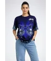 Kadın Oversize Tişört Dragon & Kuru Kafa Baskılı Bisiklet Yaka T-Shirt - Lacivert