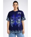 Kadın Oversize Tişört Dragon & Kuru Kafa Baskılı Bisiklet Yaka T-Shirt - Lacivert