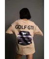 Kadın Oversize Tişört Golf GTI Retro Araba Baskılı T-shirt - Bej