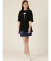 Kadın Papatya Baskılı T-Shirt Kısa Kol Bisiklet Yaka Oversize  Tişört - Siyah