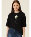Kadın Papatya Baskılı T-Shirt Kısa Kol Bisiklet Yaka Oversize  Tişört - Siyah