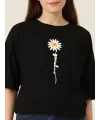 Kadın Papatya Baskılı T-Shirt Kısa Kol Bisiklet Yaka Oversize  Tişört - Siyah