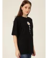 Kadın Papatya Baskılı T-Shirt Kısa Kol Bisiklet Yaka Oversize  Tişört - Siyah