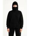 Kadın Samuray Ninja Çift Kapüşonlu Maske Detaylı 3 İplik Hoodie - Siyah
