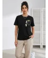 Kadın Sevimli Kedi Cep Baskılı Tişört Kısa Kol Yazlık T-Shirt - Siyah