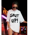 Kadın Shut Up Baskılı Tişört Kısa Kol Bisiklet Yaka Oversize T-Shirt - Beyaz