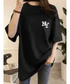 Kadın T-shirt Bisiklet yaka  NY Baskılı kısa kol Tişört - Siyah