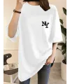 Kadın T-shirt Eğlenceli Harf NY Baskılı Bisiklet Yaka Tişört - Beyaz