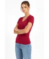Kadın T-Shirt V Yaka Slim Fit Likralı Tişört Yazlık Basic Body - Kırmızı