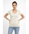 Kadın T-Shirt V Yaka Slim Fit Likralı Tişört Yazlık Basic Body - Taş