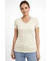 Kadın T-Shirt V Yaka Slim Fit Likralı Tişört Yazlık Basic Body - Taş