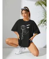 Kadın Tişört Baskılı Kısa kol Oversize T-shirt - Siyah