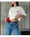 Kadın Tişört Bisiklet Yaka Baskılı Oversize Kısa Kol T-Shirt - Beyaz