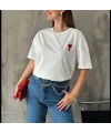 Kadın Tişört Bisiklet Yaka Baskılı Oversize Kısa Kol T-Shirt - Beyaz