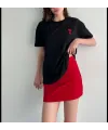 Kadın Tişört Bisiklet Yaka Baskılı Oversize Kısa Kol T-Shirt - Siyah