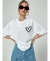 Kadın Tişört Bisiklet Yaka Baskılı Oversize T-Shirt - Beyaz