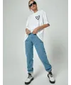 Kadın Tişört Bisiklet Yaka Baskılı Oversize T-Shirt - Beyaz