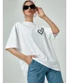 Kadın Tişört Bisiklet Yaka Baskılı Oversize T-Shirt - Beyaz