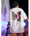 Kadın Tişört Kelebek Baskılı Oversize Kısa Kol T-Shirt - Beyaz