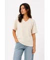 Kadın V Yaka Basic Tişört Kısa Kol Yazlık Regular Fit T-Shirt - Bej