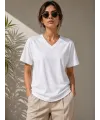 Kadın V Yaka Basic Tişört Kısa Kol Yazlık Regular Fit T-Shirt - Beyaz