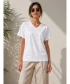 Kadın V Yaka Basic Tişört Kısa Kol Yazlık Regular Fit T-Shirt - Beyaz