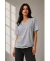 Kadın V Yaka Basic Tişört Kısa Kol Yazlık Regular Fit T-Shirt - Gri